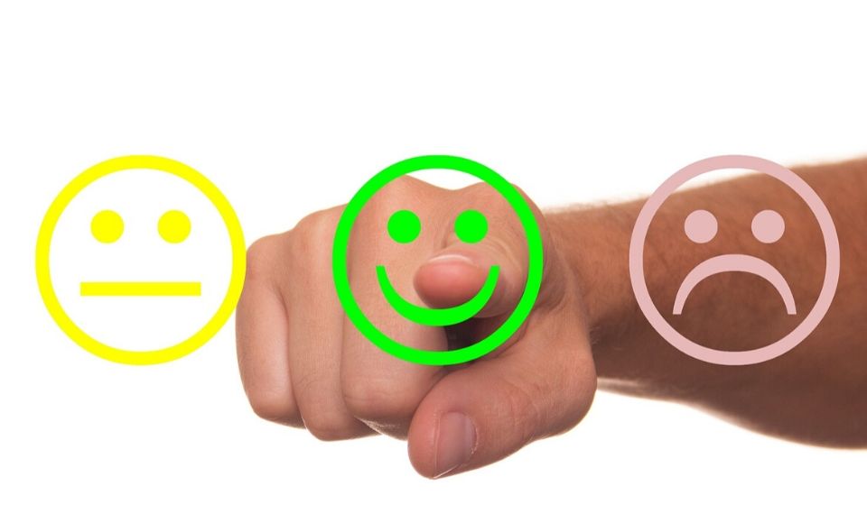 Hand wijst naar een groene lachende smiley tussen een gele en een rode